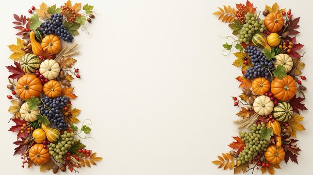 Autumn harvest border with orange pumpkins purple grapes green leaves and red berries on white background for thanksgiving celebration greeting card.