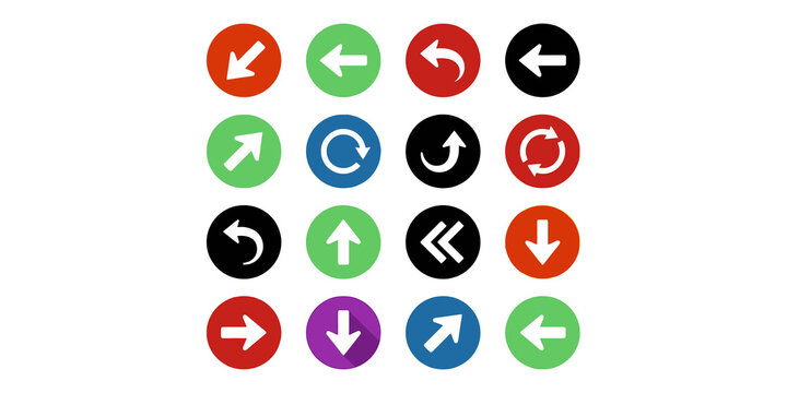 Set of colorful circular arrow buttons for digital user interface navigation and refreshing website control actions.