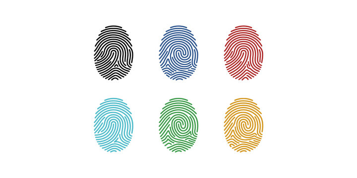 Six colorful fingerprint icons representing biometric identification security technology and personal user data access.