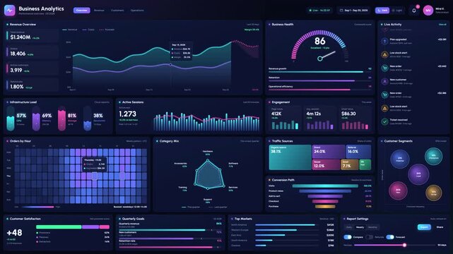 Dark mode business analytics dashboard with charts and data graphics