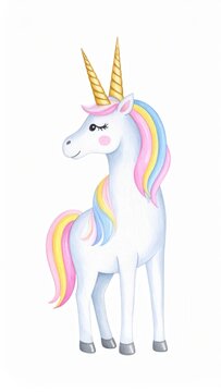 Unicorn character fantasy and magic concept watercolor style illustration of a mythical horse with rainbow mane and golden horn isolated on white background