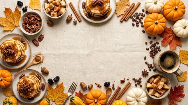 Rustic autumn breakfast frame featuring fluffy pecan pancakes with warm maple syrup cinnamon sticks coffee and fresh pumpkins on beige linen surface.