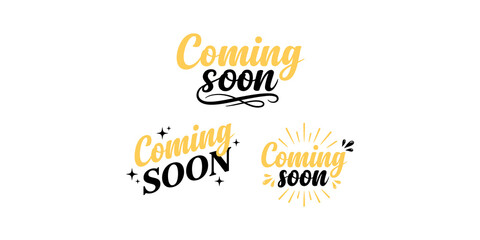 Coming soon typography labels with yellow and black script font and decorative sparkles for product launch marketing. © akash