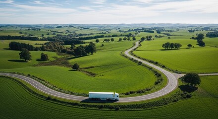 Fototapeta premium A truck travels along a winding road through a vibrant green landscape.