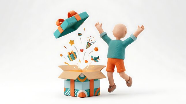 3D character jumping with excitement while opening a surprise gift box