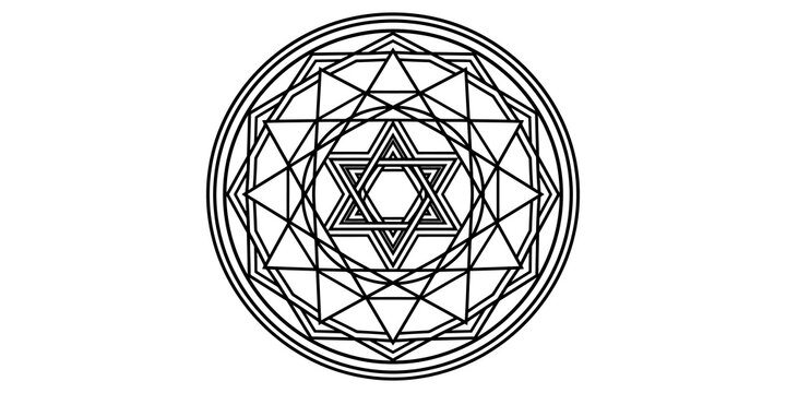Sacred geometry mandala with hexagram and intricate circular black line patterns for spiritual and occult designs.
