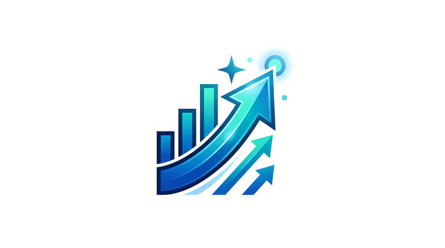 Vibrant blue financial growth chart with rising arrows and glowing sparkling success icons inside