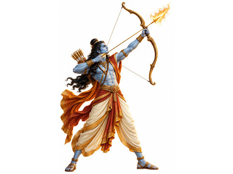 Lord Rama with Flaming Bow and Arrow &ndash; Hindu Deity Illustration on White Background