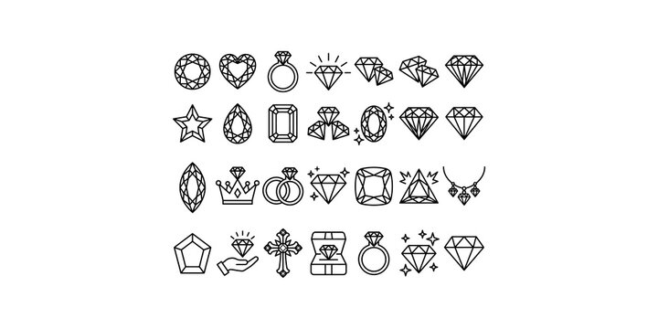 Collection of various black outline diamond and gemstone vector icons, suitable for jewelry stores, luxury brands, and elegant design projects.