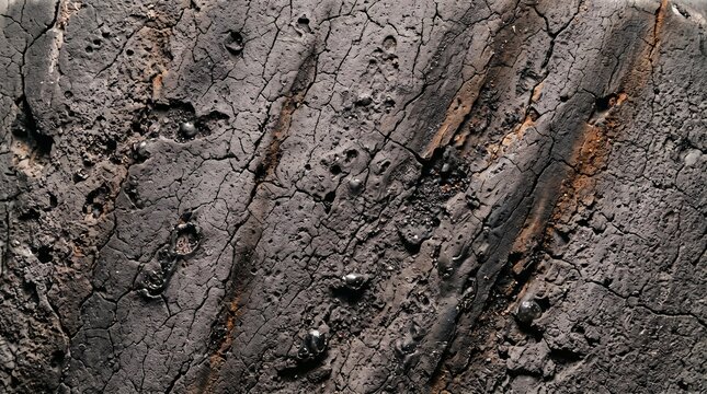 Extreme macro texture of a severely cracked and scorched dark surface featuring melted glossy slag droplets for rugged industrial abstract background