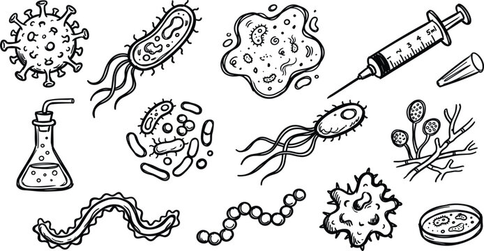 Microbiology and hand drawn bacteria doodles icon set for medical science research lab vector illustration elements
