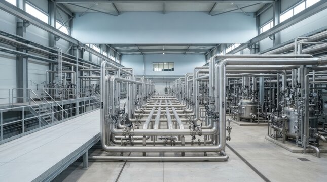 A long, industrial hall displays a complex network of stainless steel pipes and equipment. The pipes run horizontally across the frame, creating a repetitive pattern.