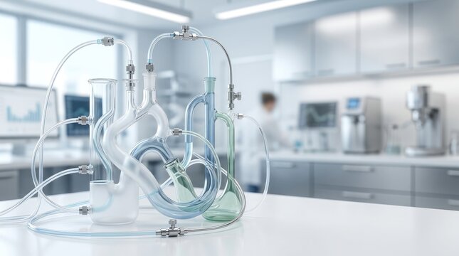 A laboratory setup displays a complex system of glass tubing and fittings connected to a blue and green Erlenmeyer flask.
