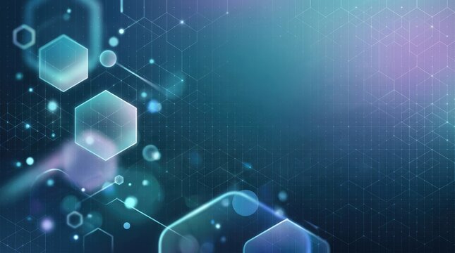 A dark background features a complex geometric pattern of hexagons and interconnected lines, overlaid with glowing, translucent hexagons and small dots of light.