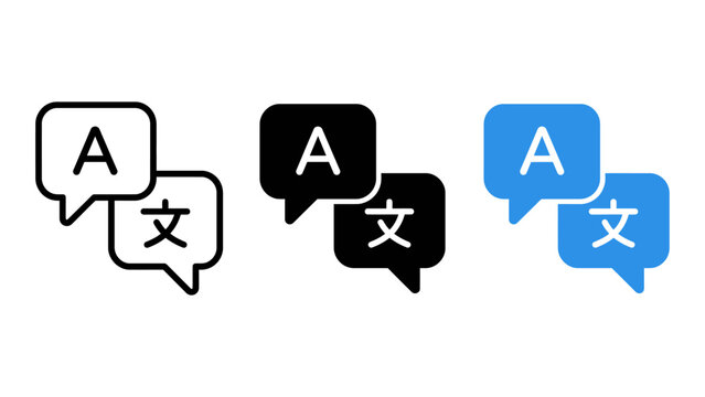 Set of translation icons in outline, solid, and blue styles, representing language, communication, and interpretation