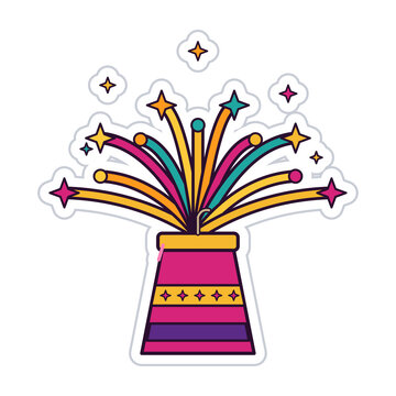 Diwali firework anar fountain with colorful sparks, flat vector illustration, die-cut sticker on transparent background