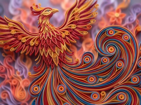 Rising Phoenix Bird Quilled Paper Flames Feathers Craft Art Illustration