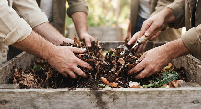 People mixing organic compost in a wooden garden bin outdoors