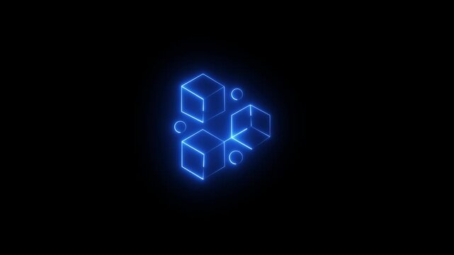 Neon Glowing blue Geometric Cubes Arrangement With Circles 4K Motion Graphics of Black Background.