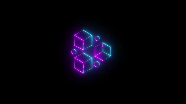 Neon Glowing Cyan and Purple Geometric Cubes Arrangement With Circles 4K Motion Graphics of Black Background.