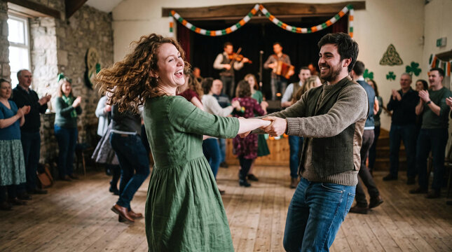 Happy couple enjoying lively Irish ceili dance during Saint Patrick's Day