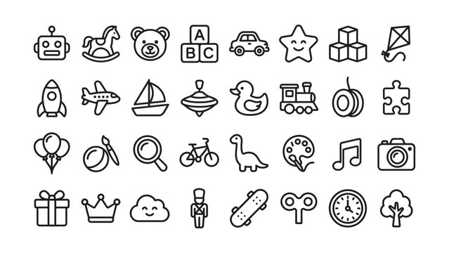 Collection of playful black line icons featuring various children toys and activities
