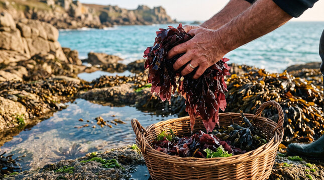 Harvester holding freshly gathered wild dulse seaweed into a basket at low tide