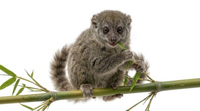 Small gray mouse lemur sitting on a thin green bamboo branch on a white background with small primate wild animal cute lemur primate wildlife endangered species madagascar fauna tropical animal