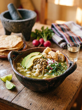 Traditional Mexican pozole verde soup served in a clay bowl on wooden table