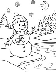 Fototapeta premium Cute snowman coloring page for kids with winter landscape, trees, and falling snowflakes