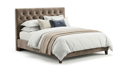 Fototapeta premium A modern upholstered bed with a tufted headboard and white bedding on a white background