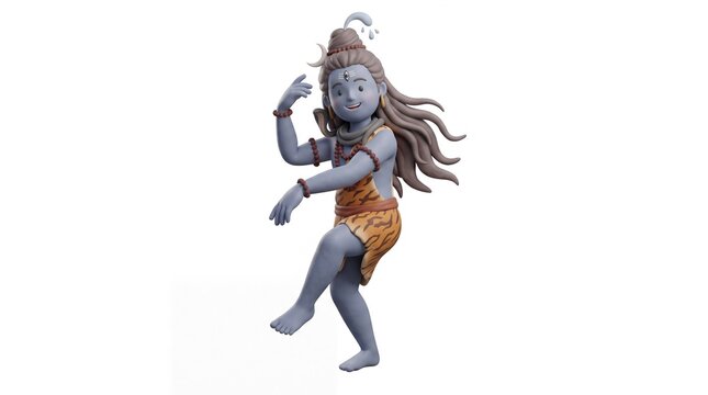Stylized 3D character model of lord shiva performing a traditional dance pose with flowing hair and tiger skin cloth on a plain white background