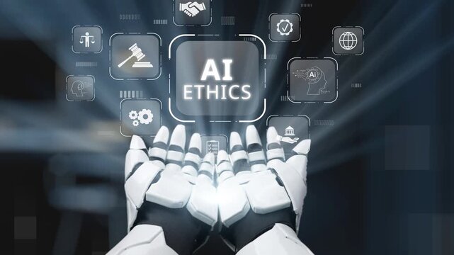 A humanoid robot hands hold various icons emphasizing the significance of ethics in artificial intelligence, showcasing the intersection of technology and moral responsibility. Salient