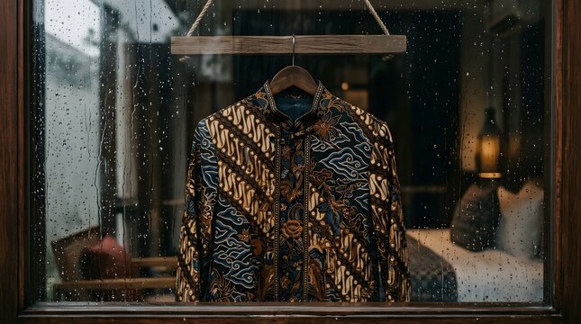 Traditional Indonesian Batik shirt hanging on a wooden hanger behind a rain-streaked window pane