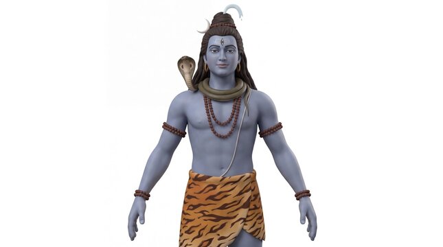 Half body 3D render of lord shiva with blue skin and cobra snake around neck wearing tiger skin cloth isolated on white background, for spiritual