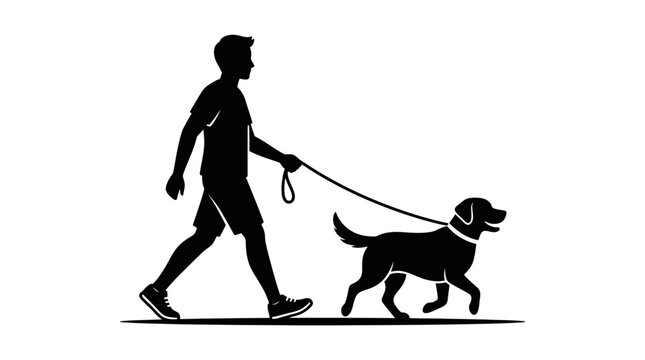 Dog walker silhouette strolling with pet on leash vector illustration.