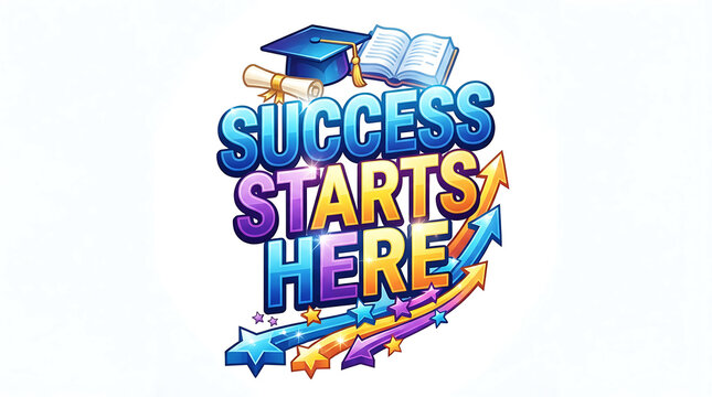Colorful 3d text graphic that says success starts here with a graduation cap icon