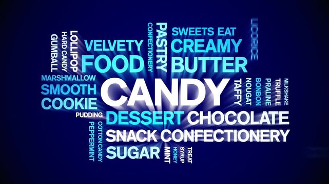 Candy animated word cloud-animation tag kinetic typography seamless loop.