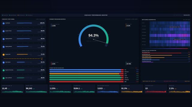 A sophisticated 4K ecommerce checkout performance dashboard displaying payment success metrics and bottleneck diagnostics in a dark mode financial-tech aesthetic.