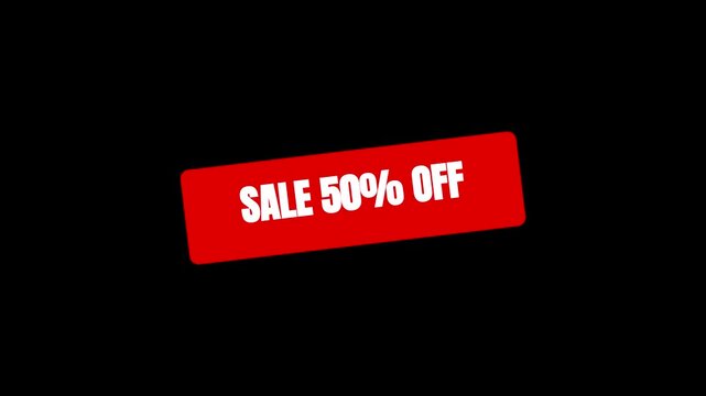 Red Sale 50% Off Banner Sign on Black Background, Promotional Discount Label for Retail Marketing Overlay Video