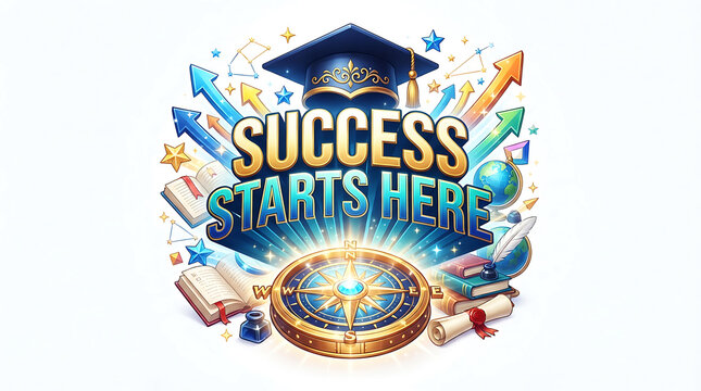 Colorful graphic design featuring a graduation cap with the inspirational text success starts here