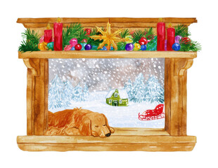 Fototapeta premium PNG Watercolor Christmas fireplace with sleeping bear and snowy landscape