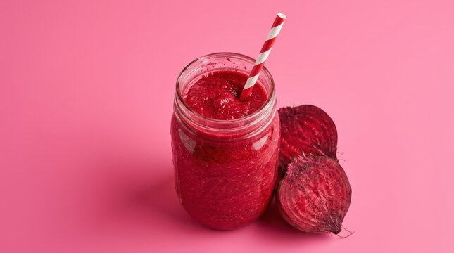 Fresh beetroot smoothie in a glass jar with a striped straw next to sliced raw beets isolated on white background