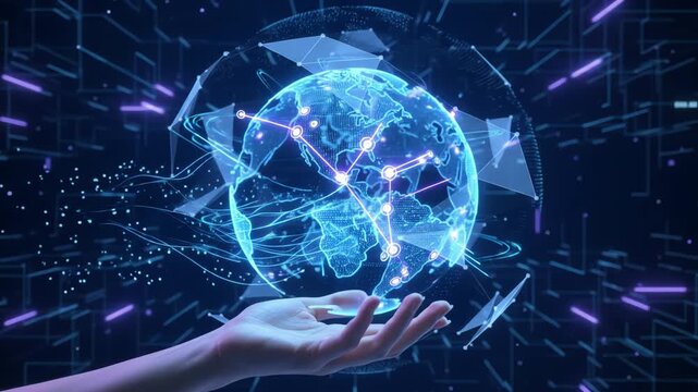 Global network connection depicted as a holographic sphere above an open hand, illustrating interconnectedness and technology