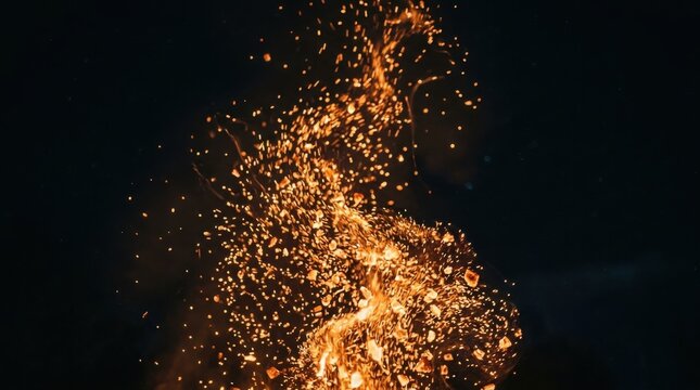 Fire sparks dancing in the dark night sky with glowing embers night background floating sparks flame particles warm orange particles fireworks abstract background firelight incandescent