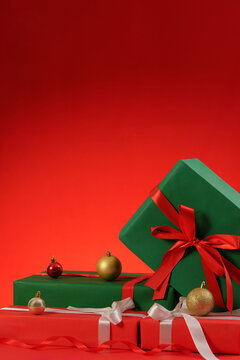 Christmas gift boxes with ribbons and bauble ornaments on red background