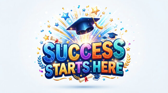 Colorful success starts here typography design with a graduation cap and abstract paint splashes