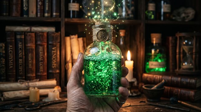 Green potion bubbling in vial