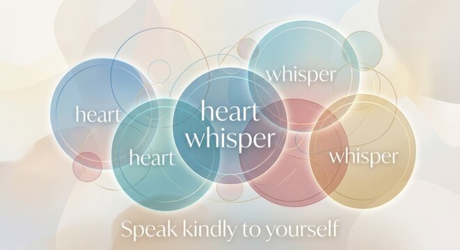 Abstract circles with 'heart whisper' and 'Speak kindly to yourself' text