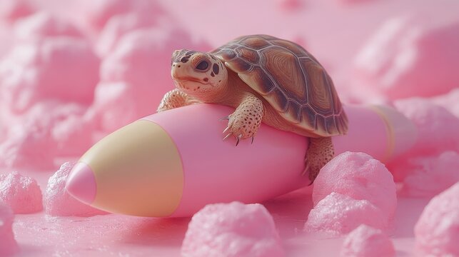 A turtle confidently rides a rocket resembling a bullet, with flames trailing behind, set against a vibrant pink backdrop. The scene evokes a sense of whimsy and adventure.